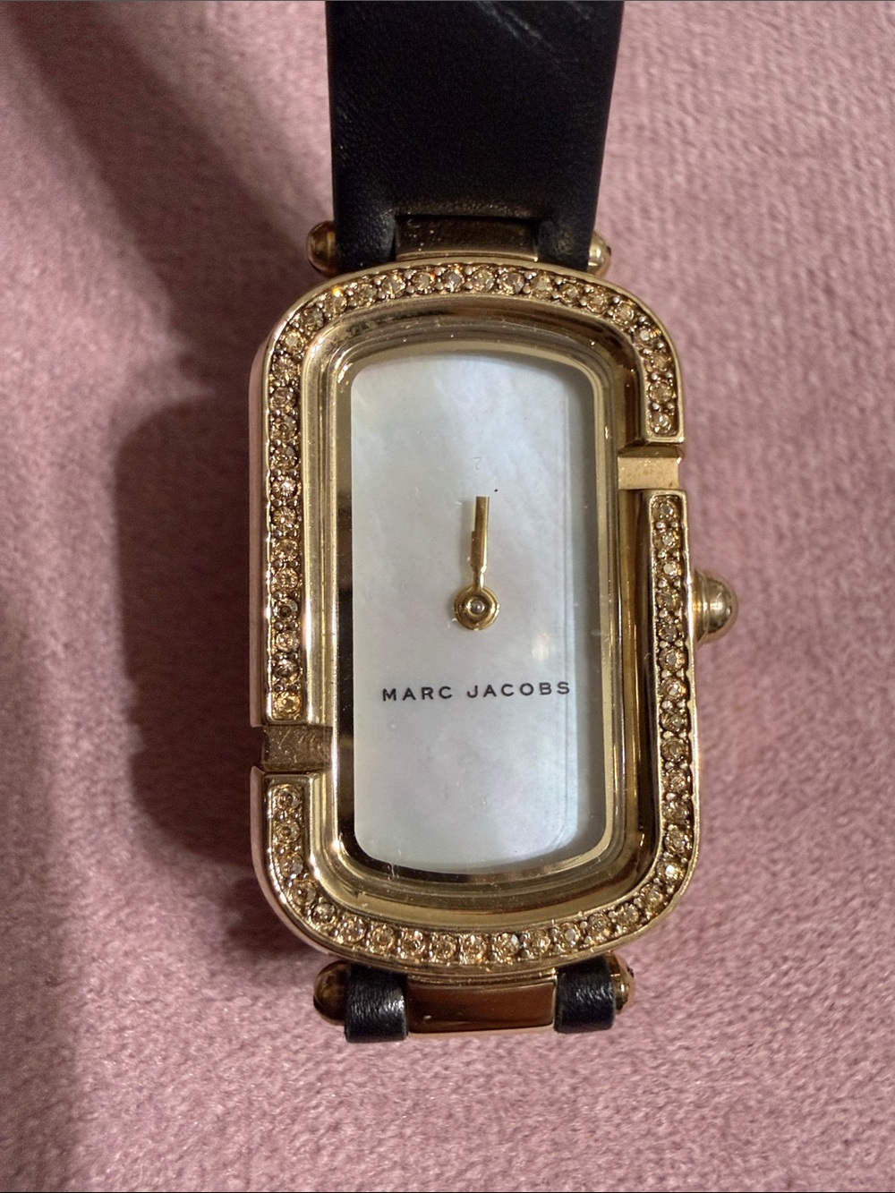 Marc Jacobs Gold Crystal-Trim Rectangular Watch with Black Strap